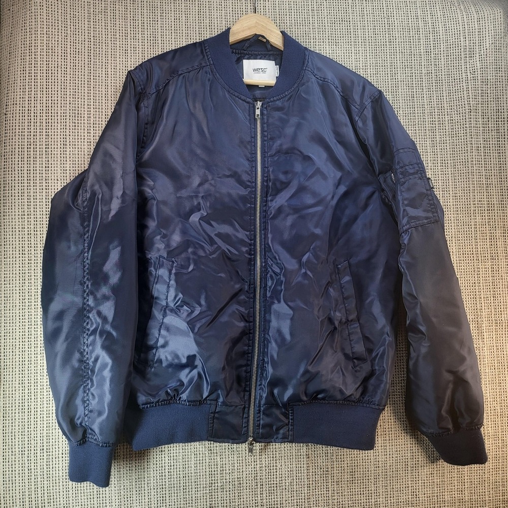 WeSC‎ Jacket Mens Medium Navy Blue Bomber Zip Utility Pocket Ribbed Trim Flight
